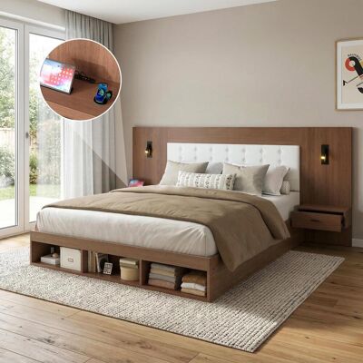 OEM Lit Double 180 X 200 Cm, Lit Coffre, Lit En Bois, Lit Enfant, Avec Station De Charge Usb Et Type-c Et Lampe De Lecture, Avec 2 Tables De Chevet, Couleur Noyer - Publicité OEM Lit Double 180 X 200 Cm, Lit Coffre, Lit En Bois, Lit Enfant, Avec Station De Charge Usb Et Type-c Et Lampe De Lecture, Avec 2 Tables De Chevet, Couleur Noyer - Publicité