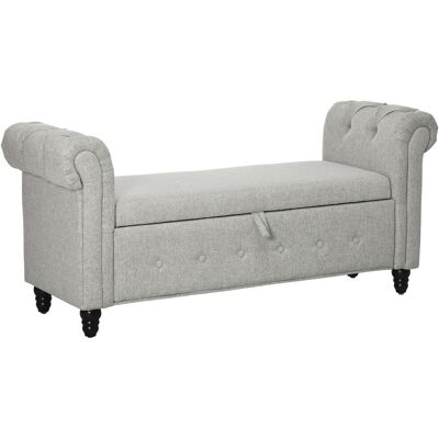 OEM Banc Banquette Coffre 2 En 1 En Tissu Aspect Lin Avec Pieds En Bois 146,5 X 49 X 72 Cm Gris - Publicité OEM Banc Banquette Coffre 2 En 1 En Tissu Aspect Lin Avec Pieds En Bois 146,5 X 49 X 72 Cm Gris - Publicité