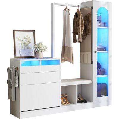 ACKERMAN Ensemble D'Entrée 6 En 1 Comprenant Une Armoire, Une Coiffeuse Avec Penderie, Un Banc À Chaussures Et Un Meuble À Chaussures Rabattable, Une Vitrine Et Un Éclairage Led À Couleurs Changeantes. Publicité ACKERMAN Ensemble D'Entrée 6 En 1 Comprenant Une Armoire, Une Coiffeuse Avec Penderie, Un Banc À Chaussures Et Un Meuble À Chaussures Rabattable, Une Vitrine Et Un Éclairage Led À Couleurs Changeantes. Publicité