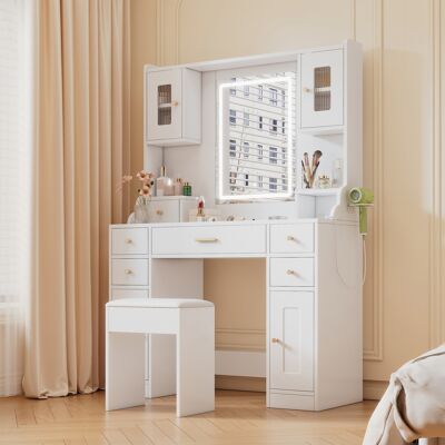 ACKERMAN Grande Coiffeuse Avec Éclairage Led Réglable Et Prises Électriques, Coiffeuse Avec Miroir, 6 Tiroirs Et 4 Portes Pour La Chambre, Blanche, Dimensions 105×152×40 Cm (l×h×p) - Publicité ACKERMAN Grande Coiffeuse Avec Éclairage Led Réglable Et Prises Électriques, Coiffeuse Avec Miroir, 6 Tiroirs Et 4 Portes Pour La Chambre, Blanche, Dimensions 105×152×40 Cm (l×h×p) - Publicité