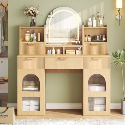 LEMONBEST Coiffeuse Led 120 X 40 X 139,5 Cm, Table Maquillage Avec Miroir, 3 Tiroirs, 2 Vitrines Et Étagères Pour Chambre, Mdf, Bois Naturel - Publicité LEMONBEST Coiffeuse Led 120 X 40 X 139,5 Cm, Table Maquillage Avec Miroir, 3 Tiroirs, 2 Vitrines Et Étagères Pour Chambre, Mdf, Bois Naturel - Publicité
