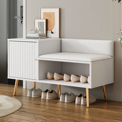 ACKERMAN Meuble À Chaussures Moderne Et Luxueux Blanc Avec Espace De Rangement, Banquette Et Dossier Rembourrés - Étagère À Chaussures Avec Poignées Et Pieds En Métal - Idéal Pour L'Entrée - Dimensions : L 100 - Publicité ACKERMAN Meuble À Chaussures Moderne Et Luxueux Blanc Avec Espace De Rangement, Banquette Et Dossier Rembourrés - Étagère À Chaussures Avec Poignées Et Pieds En Métal - Idéal Pour L'Entrée - Dimensions : L 100 - Publicité