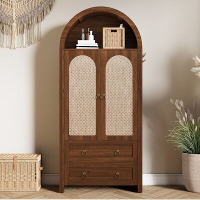 LEMLIT Buffet 80x40x180 Cm Cannage Style Arche, Meuble De Rangement Vintage 2 Tiroirs, Effet Rotin, Salon Et Chambre, Noyer - Publicité LEMLIT Buffet 80x40x180 Cm Cannage Style Arche, Meuble De Rangement Vintage 2 Tiroirs, Effet Rotin, Salon Et Chambre, Noyer - Publicité