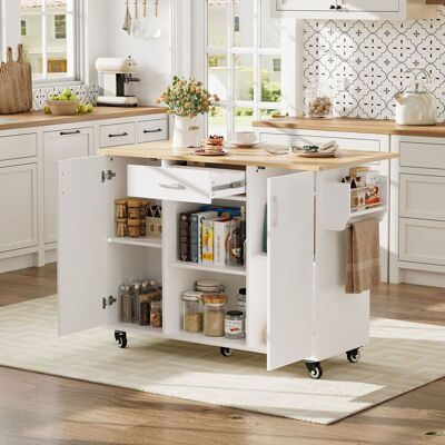 ACKERMAN Kitchen Island, Desserte De Cuisine Avec Plan De Travail Rabattable, Îlot De Cuisine 120cm Sur Roues, Chariot Desserte Avec Tiroir Et Armoire, Blanc Chêne, 92,9x120x43,5cm - Publicité ACKERMAN Kitchen Island, Desserte De Cuisine Avec Plan De Travail Rabattable, Îlot De Cuisine 120cm Sur Roues, Chariot Desserte Avec Tiroir Et Armoire, Blanc Chêne, 92,9x120x43,5cm - Publicité
