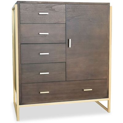 MENZZO Buffet Haut 5 Tiroirs Et 1 Porte Edgar L90cm Bois Marron Et Métal Or - Publicité MENZZO Buffet Haut 5 Tiroirs Et 1 Porte Edgar L90cm Bois Marron Et Métal Or - Publicité