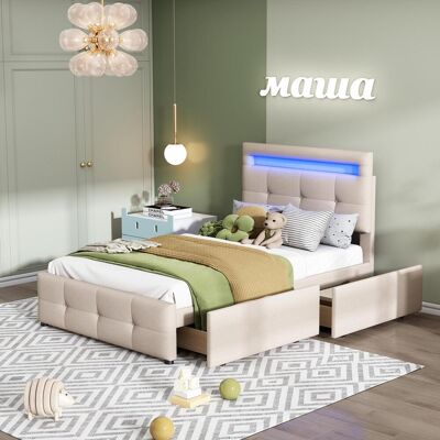 OEM Lit Rembourré 90200cm Avec Éclairage Led, 2 Tiroirs, Revêtement En Lin Doux Pour La Peau, Lit Simple, Lit Enfant, Lit Junior, Lit D'Appoint (beige) - Publicité OEM Lit Rembourré 90200cm Avec Éclairage Led, 2 Tiroirs, Revêtement En Lin Doux Pour La Peau, Lit Simple, Lit Enfant, Lit Junior, Lit D'Appoint (beige) - Publicité