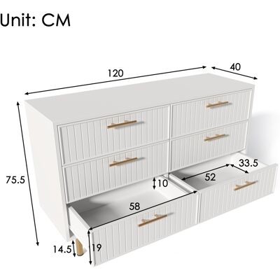 ALLAUVE Commode Blanche 6 Tiroirs, Meuble De Rangement Haut H75xl120xp40 Cm, Buffet Pour Chambre Et Salon - Publicité ALLAUVE Commode Blanche 6 Tiroirs, Meuble De Rangement Haut H75xl120xp40 Cm, Buffet Pour Chambre Et Salon - Publicité