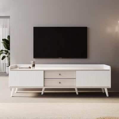 OEM Meuble Tv À Deux Tiroirs, Support Tv, Meuble Tv Bas À Deux Portes Coulissantes. Finition Raffinée. Coloris Blanc Et Bois Naturel. H 58/l 160/p 40 Cm. Publicité OEM Meuble Tv À Deux Tiroirs, Support Tv, Meuble Tv Bas À Deux Portes Coulissantes. Finition Raffinée. Coloris Blanc Et Bois Naturel. H 58/l 160/p 40 Cm. Publicité