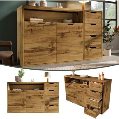 ACKERMAN Commode/buffet 150 X 40 X 90 Cm Aspect Chêne Avec Compartiment Ouvert, 2 Portes, 4 Tiroirs, Étagères Réglables En Hauteur, Charnières Métalliques À Fermeture Amortie Et Dispositif Anti-basculement, Ra - Publicité ACKERMAN Commode/buffet 150 X 40 X 90 Cm Aspect Chêne Avec Compartiment Ouvert, 2 Portes, 4 Tiroirs, Étagères Réglables En Hauteur, Charnières Métalliques À Fermeture Amortie Et Dispositif Anti-basculement, Ra - Publicité