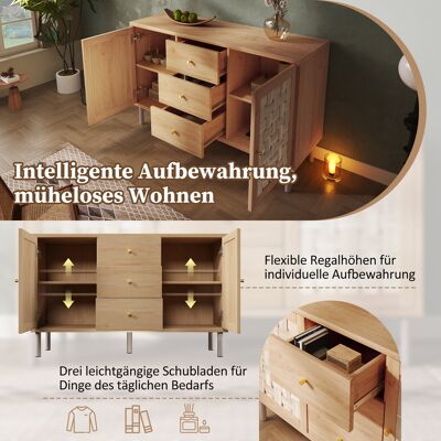 MIDUODUO Commode Campagne 120x40x75 Cm Chêne,2 Portes,3 Tiroirs,étagères Réglables. Pieds Métalliques Anti-basculement Pour Salon Cuisine. Publicité MIDUODUO Commode Campagne 120x40x75 Cm Chêne,2 Portes,3 Tiroirs,étagères Réglables. Pieds Métalliques Anti-basculement Pour Salon Cuisine. Publicité