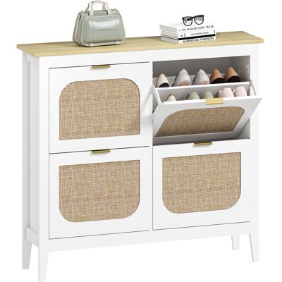 OEM Meuble À Chaussures 20 Paires Bohème Avec 4 Tiroirs Rabattables, Portes Effet Cannage Rotin, 105 X 24 X 95,5 Cm, Blanc - Publicité OEM Meuble À Chaussures 20 Paires Bohème Avec 4 Tiroirs Rabattables, Portes Effet Cannage Rotin, 105 X 24 X 95,5 Cm, Blanc - Publicité