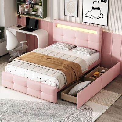 OEM Lit Rembourré 90200cm Avec Lumières Led, 2 Tiroirs, Revêtement En Lin Doux Pour La Peau, Lit Simple Plat, Lit Enfant, Lit Jeune, Lit D'Appoint (rose) - Publicité OEM Lit Rembourré 90200cm Avec Lumières Led, 2 Tiroirs, Revêtement En Lin Doux Pour La Peau, Lit Simple Plat, Lit Enfant, Lit Jeune, Lit D'Appoint (rose) - Publicité