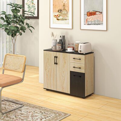OEM Buffet Meuble De Rangement Cuisine 2 Placards Étagère Réglable 2 Tiroirs 90x30x75,5cm Naturel Noir - Publicité OEM Buffet Meuble De Rangement Cuisine 2 Placards Étagère Réglable 2 Tiroirs 90x30x75,5cm Naturel Noir - Publicité
