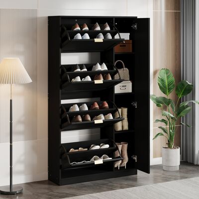 ACKERMAN Meuble À Chaussures Moderne Avec Miroir, 4 Compartiments De Rangement Rabattables, Étagère Réglable Derrière Le Miroir De Droite, Idéal Pour L'Entrée, Noir, Dimensions : L 80 Cm / H 147 Cm / P 24 Cm - Publicité ACKERMAN Meuble À Chaussures Moderne Avec Miroir, 4 Compartiments De Rangement Rabattables, Étagère Réglable Derrière Le Miroir De Droite, Idéal Pour L'Entrée, Noir, Dimensions : L 80 Cm / H 147 Cm / P 24 Cm - Publicité