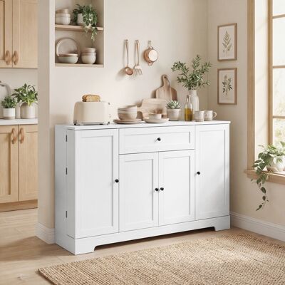 OEM Buffet Cuisine Meuble De Rangement Tiroir 4 Portes Fermeture Douce Racks-porte Étagères Réglables Blanc - Publicité OEM Buffet Cuisine Meuble De Rangement Tiroir 4 Portes Fermeture Douce Racks-porte Étagères Réglables Blanc - Publicité