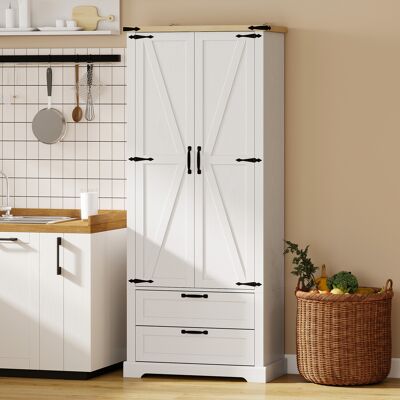 OEM Buffet Haut Armoire De Cuisine 2 Portes 2 Tiroirs Étagères Réglables Style Rustique 76x40x180cm Blanc - Publicité OEM Buffet Haut Armoire De Cuisine 2 Portes 2 Tiroirs Étagères Réglables Style Rustique 76x40x180cm Blanc - Publicité