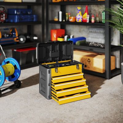 ALLAUVE Caisse À Outils Jaune En Acier 49,7 X 25,3 X 40,7 Cm, 4 Tiroirs, Coffre De Rangement Vide, Mini Boîte De Transport - Publicité ALLAUVE Caisse À Outils Jaune En Acier 49,7 X 25,3 X 40,7 Cm, 4 Tiroirs, Coffre De Rangement Vide, Mini Boîte De Transport - Publicité