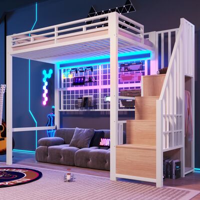 LEMONBEST Lit Mezzanine 90x200 Cm, Armoire, Escalier Rangement, Grille Porte-objets, Led 7 Couleurs, Métal, Sans Matelas, Blanc - Publicité LEMONBEST Lit Mezzanine 90x200 Cm, Armoire, Escalier Rangement, Grille Porte-objets, Led 7 Couleurs, Métal, Sans Matelas, Blanc - Publicité