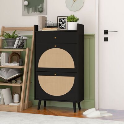 ALLAUVE Armoire Chaussures Noire 2 Portes 1 Tiroir, Style Rotin, Portes Demi-lune Réversibles, Double Étagère, 60 Cm, Sans Fond, Parfaite Pour Entrée - Publicité ALLAUVE Armoire Chaussures Noire 2 Portes 1 Tiroir, Style Rotin, Portes Demi-lune Réversibles, Double Étagère, 60 Cm, Sans Fond, Parfaite Pour Entrée - Publicité