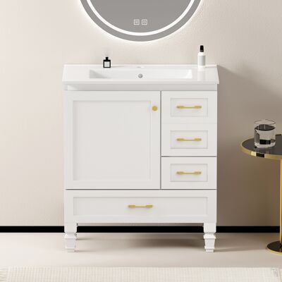 ACKERMAN Armoire De Salle De Bain 75cm En Blanc. Armoire À Rangement Généreux - 1 Porte À Fermeture Douce Et 3 Tiroirs - Publicité ACKERMAN Armoire De Salle De Bain 75cm En Blanc. Armoire À Rangement Généreux - 1 Porte À Fermeture Douce Et 3 Tiroirs - Publicité