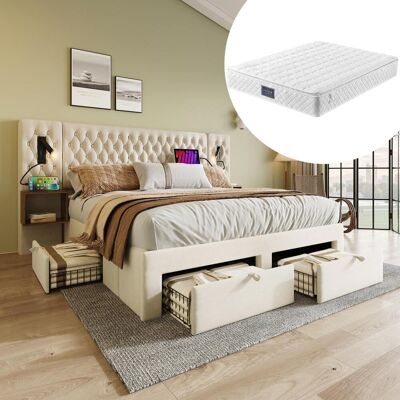 OEM Ensemble De Chambre À Coucher, Lit Double Capitonné 160×200 Cm Avec 2 Tables De Chevet Et 4 Tiroirs, Lampe De Lecture De Tête De Lit Avec Fonction De Chargement Usb, Beige, Velours - Publicité OEM Ensemble De Chambre À Coucher, Lit Double Capitonné 160×200 Cm Avec 2 Tables De Chevet Et 4 Tiroirs, Lampe De Lecture De Tête De Lit Avec Fonction De Chargement Usb, Beige, Velours - Publicité