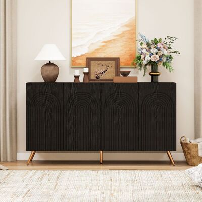 ACKERMAN Buffet Style Mid-century, Meuble D'Entrée Noir Avec Rainures 3d Et Portes En Arc, Panneaux De Bois, Étagères Réglables, Pieds En Métal Doré - Publicité ACKERMAN Buffet Style Mid-century, Meuble D'Entrée Noir Avec Rainures 3d Et Portes En Arc, Panneaux De Bois, Étagères Réglables, Pieds En Métal Doré - Publicité
