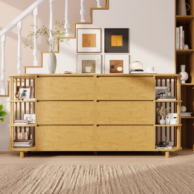 ABAISAN Buffet 160x40cm - 6 Tiroirs Et Étagères Bambou - Design Romain - Pieds Bambou Réglables - Mdf - Capacité 50kg - Chêne - Publicité ABAISAN Buffet 160x40cm - 6 Tiroirs Et Étagères Bambou - Design Romain - Pieds Bambou Réglables - Mdf - Capacité 50kg - Chêne - Publicité