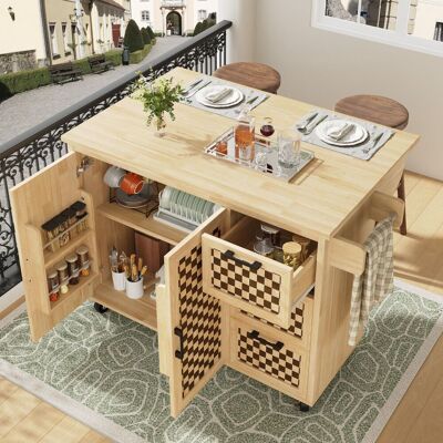 OEM Îlot De Cuisine, Meuble De Rangement, Buffet 120 X 45 (75) X 92 Cm, Desserte Extensible À Roulettes, Avec Porte-serviettes, Étagère De Porte, Deux Portes, Trois Tiroirs, Motif À Damier, Aspect Bois. Publicité OEM Îlot De Cuisine, Meuble De Rangement, Buffet 120 X 45 (75) X 92 Cm, Desserte Extensible À Roulettes, Avec Porte-serviettes, Étagère De Porte, Deux Portes, Trois Tiroirs, Motif À Damier, Aspect Bois. Publicité
