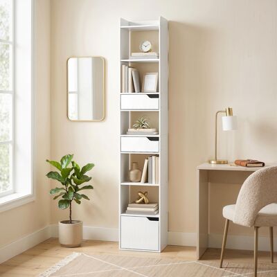 OEM Homcom Bibliothèque Étagère De Rangement Étroite - Porte, 2 Tiroirs & Compartiments Ouverts, 32x24x181,5cm, Blanc - Publicité OEM Homcom Bibliothèque Étagère De Rangement Étroite - Porte, 2 Tiroirs & Compartiments Ouverts, 32x24x181,5cm, Blanc - Publicité