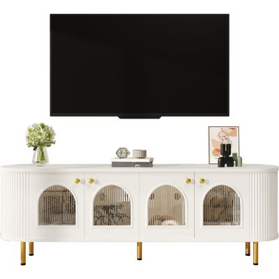 ACKERMAN Meuble Tv Bas Avec Portes Vitrées, Meuble De Rangement Pratique Pour Le Salon, Poignées Et Pieds Dorés - Publicité ACKERMAN Meuble Tv Bas Avec Portes Vitrées, Meuble De Rangement Pratique Pour Le Salon, Poignées Et Pieds Dorés - Publicité