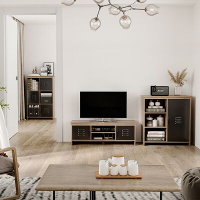 OEM Meuble Tv Banc Tv 110 Cm Design Industriel, Avec 2 Placards, 2 Niches, 2 Passe-fils, Aspect Bois Veinage Portes Métal Noir - Publicité OEM Meuble Tv Banc Tv 110 Cm Design Industriel, Avec 2 Placards, 2 Niches, 2 Passe-fils, Aspect Bois Veinage Portes Métal Noir - Publicité