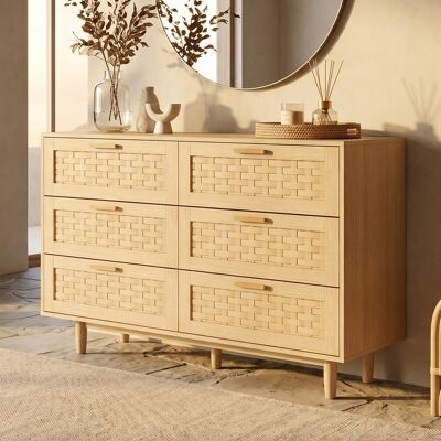 ADWOLT Commode En Rotin Et Bois Avec 6 Tiroirs,buffet, Meuble De Rangement,couleur Chêne,chambres, Mdf,115 X 40 X 80 Cm - Publicité ADWOLT Commode En Rotin Et Bois Avec 6 Tiroirs,buffet, Meuble De Rangement,couleur Chêne,chambres, Mdf,115 X 40 X 80 Cm - Publicité