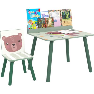 ARRIGONI Set Table Et Chaise Pour Enfants Avec Etagere De Rangement Mdf Et Bois De Pin Vert - Publicité ARRIGONI Set Table Et Chaise Pour Enfants Avec Etagere De Rangement Mdf Et Bois De Pin Vert - Publicité