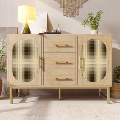 ACKERMAN Buffet En Rotin Avec 3 Tiroirs Et 2 Portes En Rotin, Commode, Coiffeuse, Pour Chambre Et Salon, Étagères Réglables, Dispositif Anti-basculement, 120 X 40 X 74 Cm, Chêne Sonoma - Publicité ACKERMAN Buffet En Rotin Avec 3 Tiroirs Et 2 Portes En Rotin, Commode, Coiffeuse, Pour Chambre Et Salon, Étagères Réglables, Dispositif Anti-basculement, 120 X 40 X 74 Cm, Chêne Sonoma - Publicité