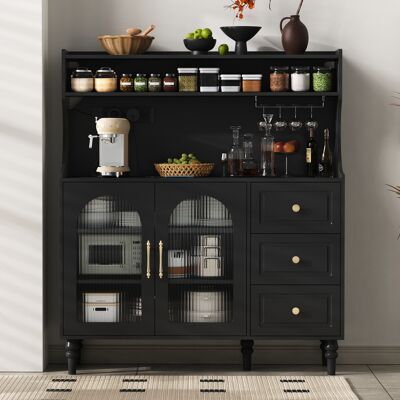 LEMONBEST Buffet Haut 120 × 40 × 138.5 Cm Avec 3 Tiroirs Portes Vitrées Cannelées Rangement Vin Et Port Usb-c Pour Cuisine Mdf Noir - Publicité LEMONBEST Buffet Haut 120 × 40 × 138.5 Cm Avec 3 Tiroirs Portes Vitrées Cannelées Rangement Vin Et Port Usb-c Pour Cuisine Mdf Noir - Publicité