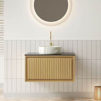 ACKERMAN Vasque Suspendue 61cm Pour Salle De Bain, Vasque Céramique Blanche Ronde Avec Motif De Pierre, Plaque En Grès Noir, Armoire En Contreplaqué Avec Tiroir, Panneau Rayé, Grain De Chêne Corolle - Publicité ACKERMAN Vasque Suspendue 61cm Pour Salle De Bain, Vasque Céramique Blanche Ronde Avec Motif De Pierre, Plaque En Grès Noir, Armoire En Contreplaqué Avec Tiroir, Panneau Rayé, Grain De Chêne Corolle - Publicité
