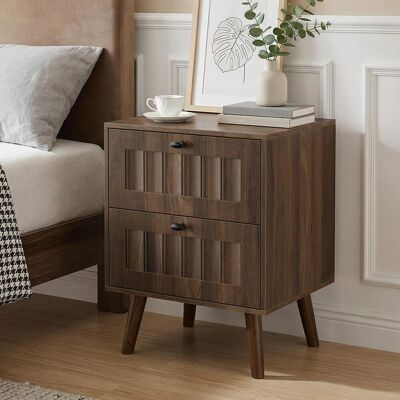 SOLKVUNZA Table De Chevet Style Mid-century Modern – Table De Nuit Couleur Noyer Avec 2 Tiroirs Rainurés Et Boutons Noirs, Petit Meuble De Rangement Avec Pieds En Bois Massif Pour Chambre - Publicité SOLKVUNZA Table De Chevet Style Mid-century Modern – Table De Nuit Couleur Noyer Avec 2 Tiroirs Rainurés Et Boutons Noirs, Petit Meuble De Rangement Avec Pieds En Bois Massif Pour Chambre - Publicité