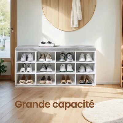 VASAGLE Banc À Chaussures, Avec Siège Rembourré, Coussin, Étagères Réglables, 12 Compartiments, 30,3 X 104 X 48 Cm, Blanc Et Gris - Publicité VASAGLE Banc À Chaussures, Avec Siège Rembourré, Coussin, Étagères Réglables, 12 Compartiments, 30,3 X 104 X 48 Cm, Blanc Et Gris - Publicité