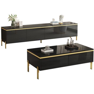 ACKERMAN Ensemble Meuble Tv Et Table Basse De Luxe Moderne, Surface Unie Brillante, Bords Dorés, Grand Espace De Rangement - Publicité ACKERMAN Ensemble Meuble Tv Et Table Basse De Luxe Moderne, Surface Unie Brillante, Bords Dorés, Grand Espace De Rangement - Publicité
