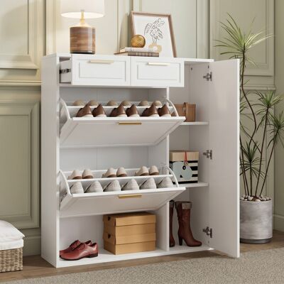 FENCHILIN Armoire À Chaussures Moderne, Avec Étagères Réglables, Poignées Dorées, Tiroirs, Porte-chaussures Rabattable Et Portes, Blanche, L95 X P24 X H107.5 - Publicité FENCHILIN Armoire À Chaussures Moderne, Avec Étagères Réglables, Poignées Dorées, Tiroirs, Porte-chaussures Rabattable Et Portes, Blanche, L95 X P24 X H107.5 - Publicité