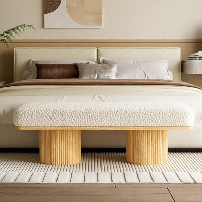 DEVOKO Banc Moelleux De 122 Cm Avec Base En Bois Massif, Ottoman Rembourré En Polaire En Peluche Pour L'Entrée De La Chambre, Style Crème - Publicité DEVOKO Banc Moelleux De 122 Cm Avec Base En Bois Massif, Ottoman Rembourré En Polaire En Peluche Pour L'Entrée De La Chambre, Style Crème - Publicité