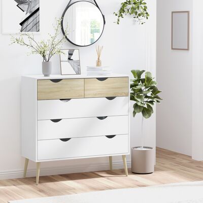 SANMINE HABITAT Homcom Commode 5 Tiroirs Design Scandinave Meuble De Rangement Chambre Panneau De Particules 99 X 39 X 101 Cm Blanc Aspect Chêne Clair - Publicité SANMINE HABITAT Homcom Commode 5 Tiroirs Design Scandinave Meuble De Rangement Chambre Panneau De Particules 99 X 39 X 101 Cm Blanc Aspect Chêne Clair - Publicité