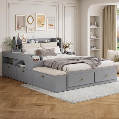 OEM Lit Combiné En Bois Massif 140 X 200 Cm, Tête De Lit Avec Compartiment De Rangement Intégré, Tiroirs, Table De Chevet, Armoire, Banquette, Lit Double Avec Rangement, Lit Tatami, Gris - Publicité OEM Lit Combiné En Bois Massif 140 X 200 Cm, Tête De Lit Avec Compartiment De Rangement Intégré, Tiroirs, Table De Chevet, Armoire, Banquette, Lit Double Avec Rangement, Lit Tatami, Gris - Publicité