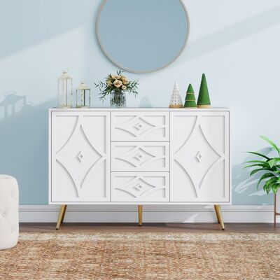 ACKERMAN Commode Élégante À Motif Losange – Buffet Blanc Avec 3 Tiroirs Et 2 Portes, Pieds Dorés, 120×40×80 Cm, Design Moderne Pour Salon, Couloir Ou Chambre - Publicité ACKERMAN Commode Élégante À Motif Losange – Buffet Blanc Avec 3 Tiroirs Et 2 Portes, Pieds Dorés, 120×40×80 Cm, Design Moderne Pour Salon, Couloir Ou Chambre - Publicité