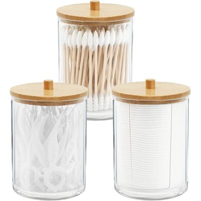 GRASSLIN Lot De 3 Bocaux Acrylique Couvercle Bambou Rangement Cotons-tiges Salle De Bain - Publicité GRASSLIN Lot De 3 Bocaux Acrylique Couvercle Bambou Rangement Cotons-tiges Salle De Bain - Publicité