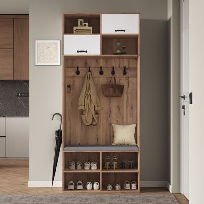 ACKERMAN Ensemble Armoire, Ensemble Complet Armoire D'Entrée Avec Banc, 5 Crochets, 2 Portes Et 6 Compartiments De Rangement Ouverts - Couleur Bois Naturel Et Blanc, 80×185×35 Cm (l×h×p) - Publicité ACKERMAN Ensemble Armoire, Ensemble Complet Armoire D'Entrée Avec Banc, 5 Crochets, 2 Portes Et 6 Compartiments De Rangement Ouverts - Couleur Bois Naturel Et Blanc, 80×185×35 Cm (l×h×p) - Publicité