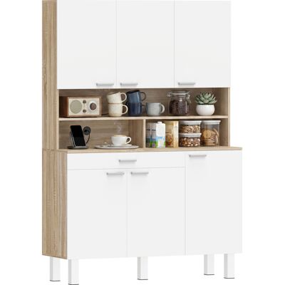OEM Buffet Haut Cuisine Armoire De 6 Portes Tiroir Et Étagères Ouvertes 120x40x175cm Blanc Bois Naturel - Publicité OEM Buffet Haut Cuisine Armoire De 6 Portes Tiroir Et Étagères Ouvertes 120x40x175cm Blanc Bois Naturel - Publicité