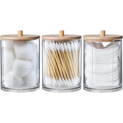 GRASSLIN 3 Boites De Rangement Acrylique Couvercle Bambou Organisateur Cotons Disques Salle De Bain - Publicité GRASSLIN 3 Boites De Rangement Acrylique Couvercle Bambou Organisateur Cotons Disques Salle De Bain - Publicité