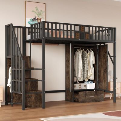 OEM Lit Mezzanine En Métal 90 × 200 Cm Avec Un Design De Balustrade Original En Bois Et Treillis Métallique, Comprenant Une Grande Armoire, Des Tiroirs Et Une Échelle De Rangement, Noir - Publicité OEM Lit Mezzanine En Métal 90 × 200 Cm Avec Un Design De Balustrade Original En Bois Et Treillis Métallique, Comprenant Une Grande Armoire, Des Tiroirs Et Une Échelle De Rangement, Noir - Publicité