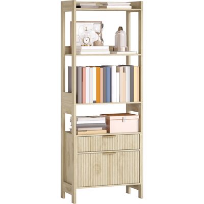 OEM Bibliothèque Haute Meuble De Rangement 4 Étagères Ouvertes 2 Tiroirs Cannelés 60 X 30 X 160 Cm Bois Naturel - Publicité OEM Bibliothèque Haute Meuble De Rangement 4 Étagères Ouvertes 2 Tiroirs Cannelés 60 X 30 X 160 Cm Bois Naturel - Publicité